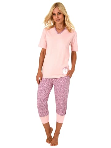 NORMANN Capri Pyjama Schlafanzug kurzarm Bündchen an Caprihose und Donut in rosa