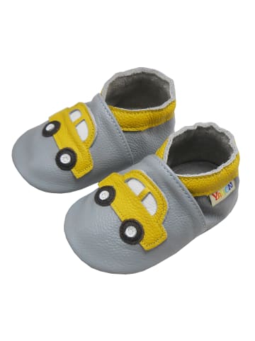 Yalion Hellgraue Babyschuhe aus echtem Leder mit rutschfester Sohle– gelbem Auto-Muster