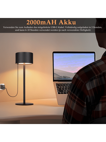 ZMH Tischleuchte LED in schwarz rund Touch Dimmbar IP44 Tragbar Kabellos