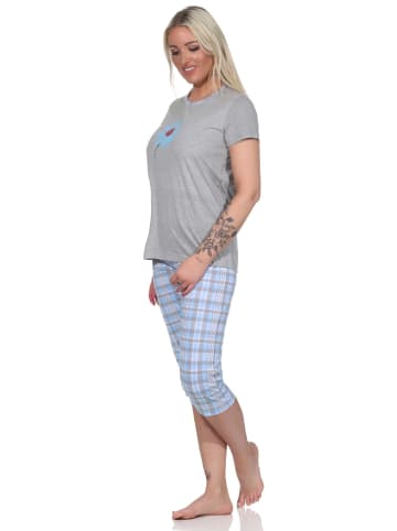 NORMANN Capri Schlafanzug Capri Pyjama und Karo Caprihose in hellblau