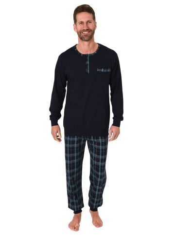 NORMANN Schlafanzug Pyjama Bündchen und karierter Jersey Hose - 75247 in marine