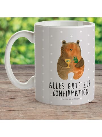 Mr. & Mrs. Panda Mehrwegbecher Bär Konfirmation mit Spruch in Grau Pastell
