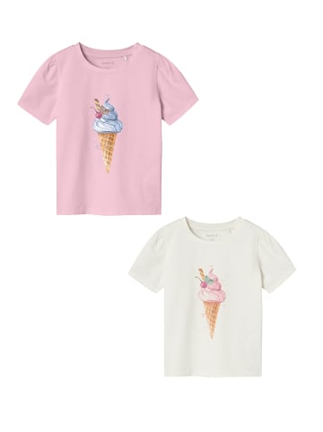 name it T-Shirt 2er-Set Print Design Kurzarm Kinder Oberteil in Weiß-Rosa