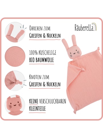Räuberella Baby Geschenkset Schmusetuch Hase, Holz-Beißring & Halstuch in Rosa - 10x10 cm