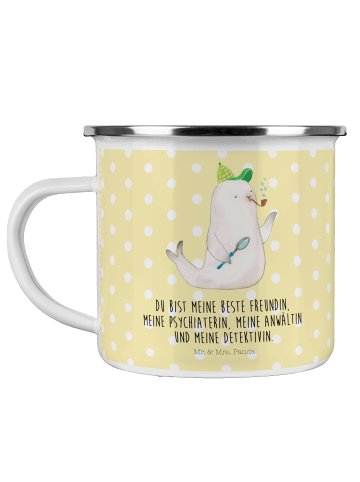 Mr. & Mrs. Panda Camping Emaille Tasse Robbe Sherlock mit Spruch in Gelb Pastell