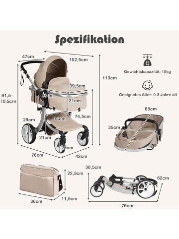 COSTWAY Kombikinderwagen 2in1 bis 3 Jahren in Beige