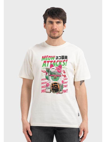 OLDSKULL T-Shirt Asian Lucky Cat Attack Graphic in Off White