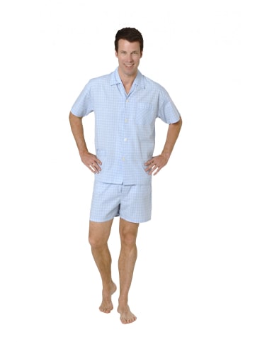 NORMANN Schlafanzug Shorty Pyjama kurzarm gewebt zum Knöpfen - 80032 in blau