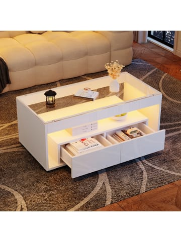 ABRIHOME Couchtisch mit LED und 2 Großen Schubladen in Weiß