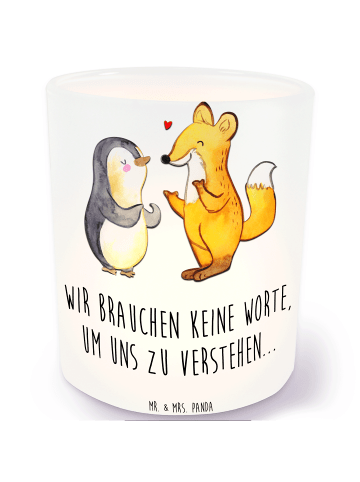 Mr. & Mrs. Panda Deko Windlicht Fuchs & Pinguin gehörlos mit Spruch in Transparent