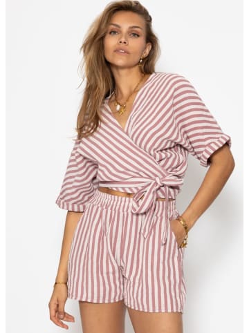 SASSYCLASSY Gestreifte Musselin Wickel Bluse in Altrosa