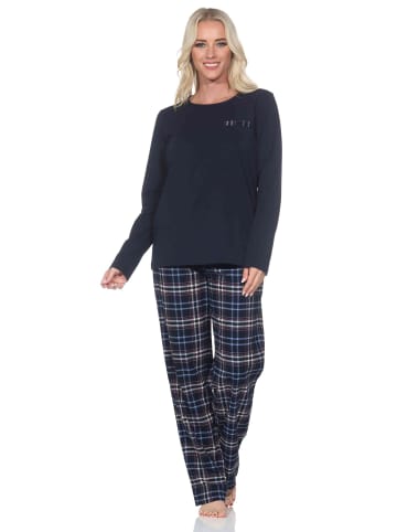 NORMANN Schlafanzug langarm karierte Flanell Pyjamahose in navy