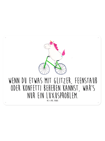 Mr. & Mrs. Panda Blechschild Einhorn Radfahrer mit Spruch in Weiß