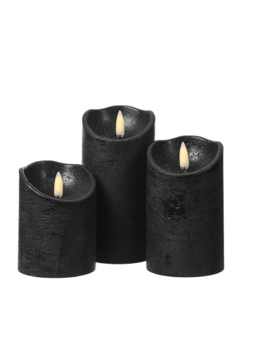 MARELIDA 3er Set LED Kerzenset Rustik Optik Echtwachs flackernd 3 Größen in schwarz