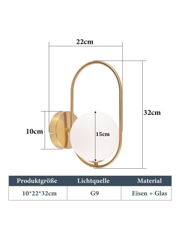 ZMH Wandleuchte in gold 1-flammige G9 Glas und Metall modern Wandlampe
