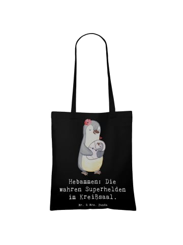Mr. & Mrs. Panda Shopping Tasche Hebamme Superhelden mit Spruch in Schwarz