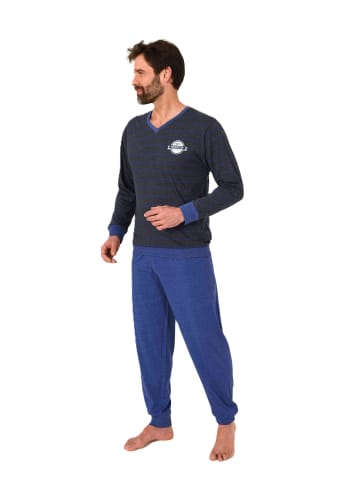 NORMANN Langarm Schlafanzug Pyjama Bündchen Streifen in blau