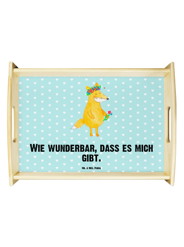 Mr. & Mrs. Panda Holztablett Fuchs Blumen mit Spruch in Türkis Pastell