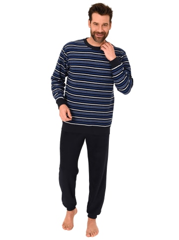 NORMANN Lange Frottee Pyjama Schlafanzug Bündchen Streifen - 50168 in marine