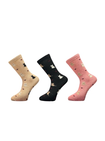 Yuhu Damen Alpaka-Woll-Socken mit Katzenmotiv im 3er Pack in Rosa