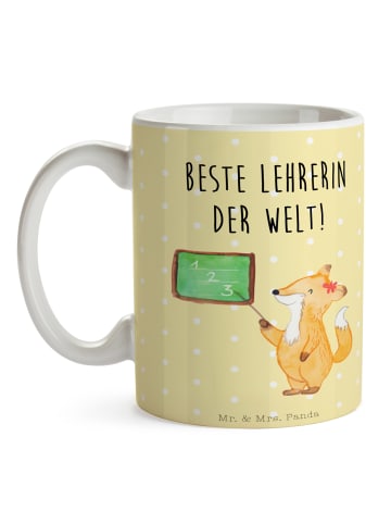 Mr. & Mrs. Panda Kaffeebecher Fuchs Lehrerin mit Spruch in Gelb Pastell