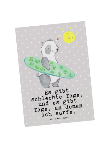 Mr. & Mrs. Panda Postkarte Panda Surfen mit Spruch in Grau Pastell