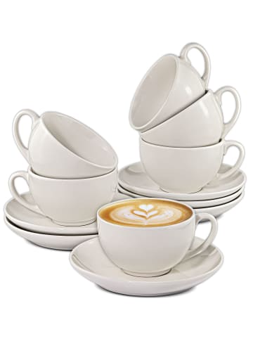Cosumy 6 Cappuccino-Tassen aus weißer Keramik – mit Untertassen – 180 ml