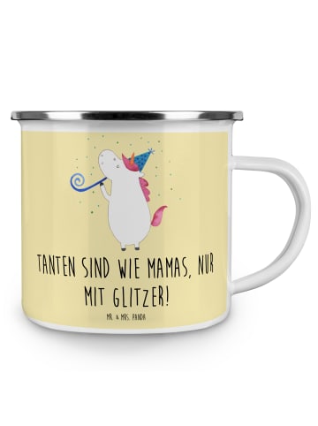 Mr. & Mrs. Panda Camping Emaille Tasse Glitzernde Tante mit Spruch in Gelb Pastell