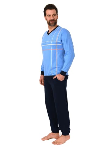 NORMANN Pyjama Schlafanzug Bündchen und Vschnitt - 56309 in hellblau