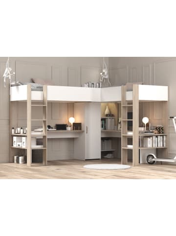 Parisot Hochbett weiß, Eiche, Kinderzimmer mit 2x Bett Liegefläche 90 x 200 cm