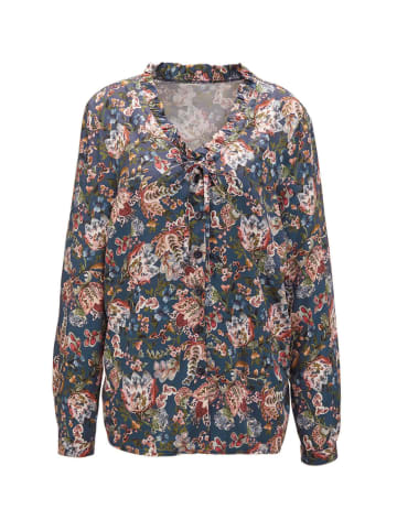 GOLDNER Kurzgröße:  Druckbluse mit raffinierter Ausschnittlösung in marine / ahorn / gemustert