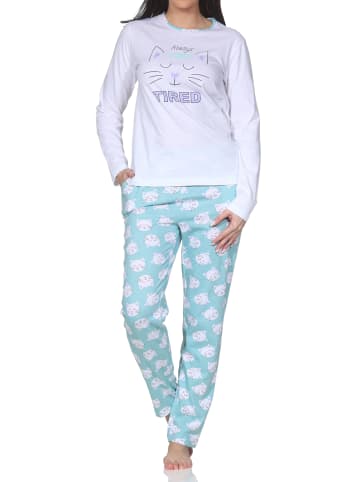 NORMANN Langarm Schlafanzug Pyjama Katzenmotiv in türkis