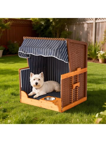 relaxdays Hundestrandkorb "Gestreift" in Dunkelblau / Natur – (B)75 x (H)95 x (T)65 cm