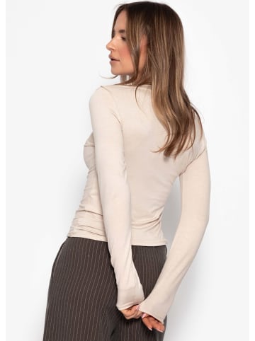 SASSYCLASSY Langarmshirt mit V-Ausschnitt in Beige