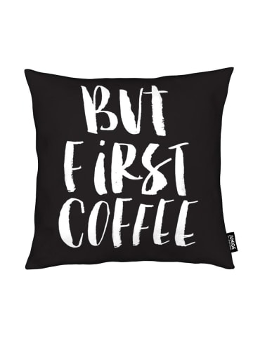 Juniqe Kissen "But First Coffee" in Schwarz