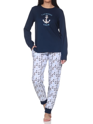 NORMANN Langarm Pyjama Schlafanzug Bündchen Maritimer Look in marine