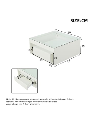 ABRIHOME Couchtisch in Weiß Hochglanz 70x70x35 cm mit LED 2 Schubladen Glas