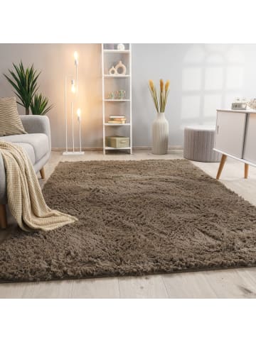 KADIMA DESIGN Hochflor Teppich Shaggy waschbar Unifarben Schlafzimmer in Taupe