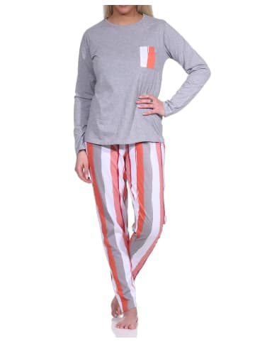 NORMANN Schlafanzug lang Farbzusammenspiel Blumen Streifen - 79812 in grau