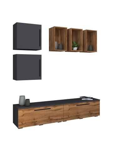 VCM  Schrankwand Wohnzimmer Anbauwand Wohnwand Arila L in Anthrazit / Honig-Eiche