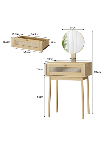 ABRIHOME Schminktisch in Rattan mit Spiegel kompakt für Schlafzimmer