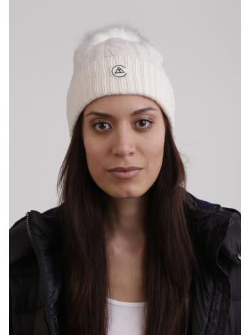 CASH-MERE.CH Mütze mit Zopfmuster und Bommel in Weiss