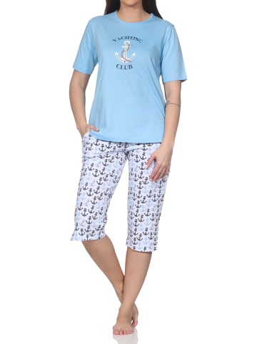 NORMANN Kurzarm Pyjama Schlafanzug Shorty Maritimer Look in hellblau