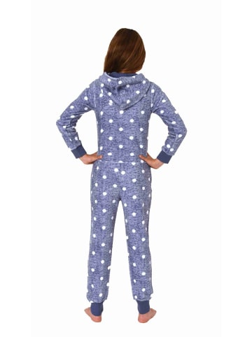NORMANN Jumpsuit Schlafanzug Overall Coralfleece Tupfen - 76790 in blau