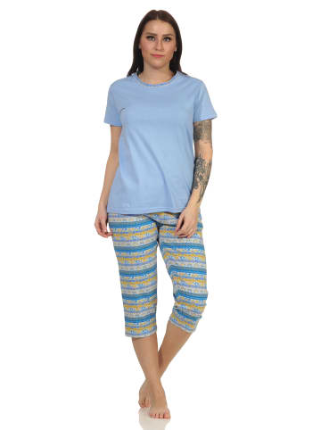NORMANN kurzarm Schlafanzug Pyjama Capri Hose Ethnolook in hellblau