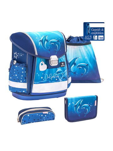 Belmil 4tlg-Set: Schulranzen Dolphins in blau – (H)36 x (B) 32 x (T) 19 cm