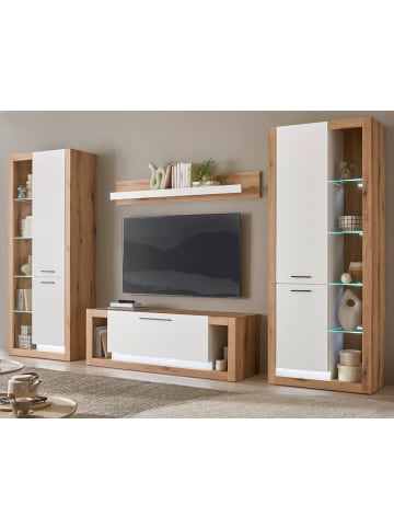 Furn.Design Wohnwand weiß matt, Evoke Eiche, Wohnkombination Set 4-teilig 350 cm