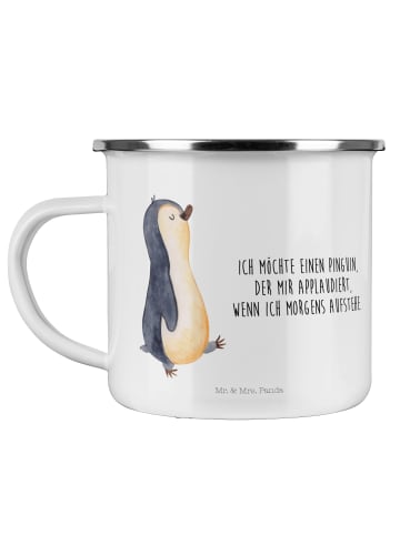 Mr. & Mrs. Panda Emaille Tasse Pinguin mHerzieren mit Spruch in Weiß