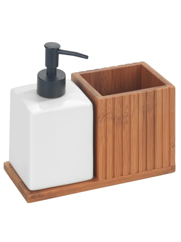 Wenko Flüssigseifenspender mit Bambus-Organizer MERA in Braun, 8,5 x 17 x 18,5 cm