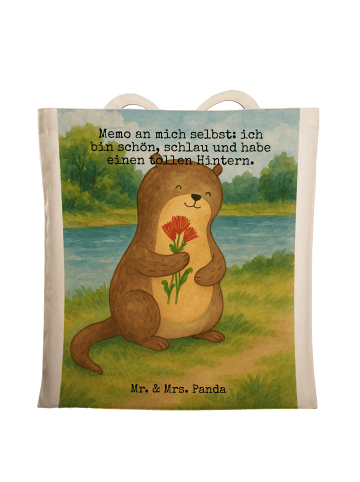 Mr. & Mrs. Panda Tragetasche Otter Blumenstrauß Design mit Spruch in Weiß